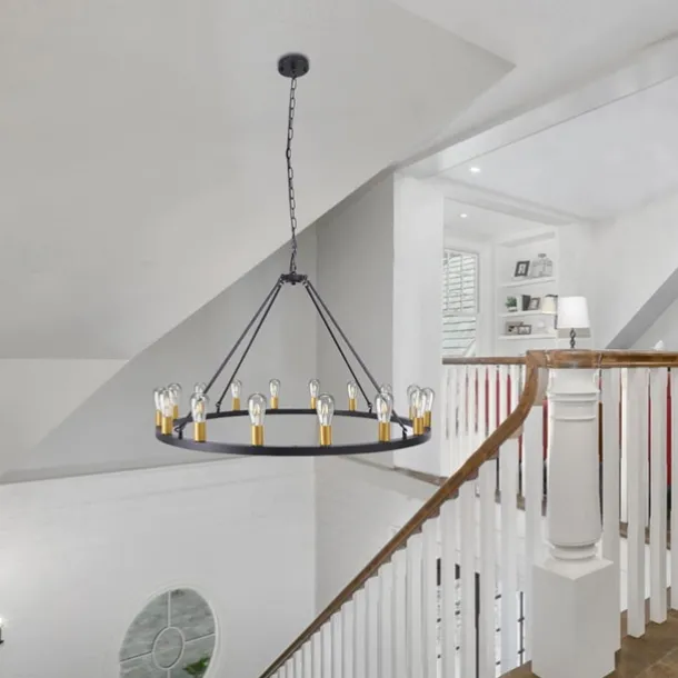 LED Chandelier Black on Wheels 20-Light Large Round Rustic Countryside Chandelier Industrial Light Fixture for Dining Room Living Room Kitchen Island Foyer Hallway