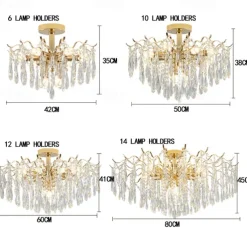 LED Chandeliers Modern Luxury, 42/50/60/80cm 6/10/12/14-Light Gold Crystal for Home Interiors Kitchen Bedroom Iron Art Tree Branch Lamp Creative Lamp Light Warm White 110-240V