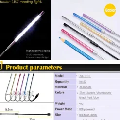 LED Desk Lamp DC 5V USB Mini 10 LEDs Metal Lamp for Reading Book Flexible Book Reading Lamp Night Light Notebook Laptop PC 1Pcs