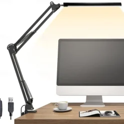 LED Desk Lamp Swing Arm Desk Light with Clamp 3 Lighting 10 Brightness Eye-Caring Modes Reading Desk Lamps for Home Office 360Spin with USB Adapter & Memory Function black-12W