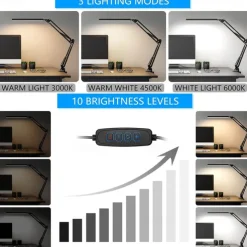 LED Desk Lamp Swing Arm Desk Light with Clamp 3 Lighting 10 Brightness Eye-Caring Modes Reading Desk Lamps for Home Office 360Spin with USB Adapter & Memory Function black-12W
