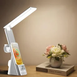 LED Desk Lamp with Wireless Charger 3 in 1 Fast Charging Station Touch Control Desk Lamp with Clock Alarm 3 Lighting Modes & Stepless Brightness Home Office Eye-Caring Table Lamps