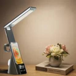 LED Desk Lamp with Wireless Charger 3 in 1 Fast Charging Station Touch Control Desk Lamp with Clock Alarm 3 Lighting Modes & Stepless Brightness Home Office Eye-Caring Table Lamps