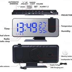 LED Digital Projection Alarm Clock Electronic Alarm Clock with Projection FM Radio Time Projector Bedroom Bedside Mute Clock