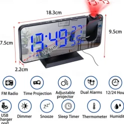 LED Digital Projection Alarm Clock Electronic Alarm Clock with Projection FM Radio Time Projector Bedroom Bedside Mute Clock