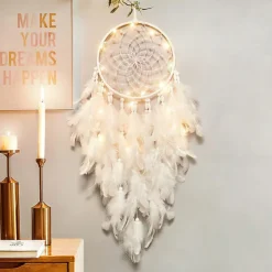LED Dream Catcher White Feather Fairy Lights Creative Wall Hanging Holiday Bedroom Home Wedding Balcony Garden Decoration Wind Chimes Light Birthday Blessing Gift