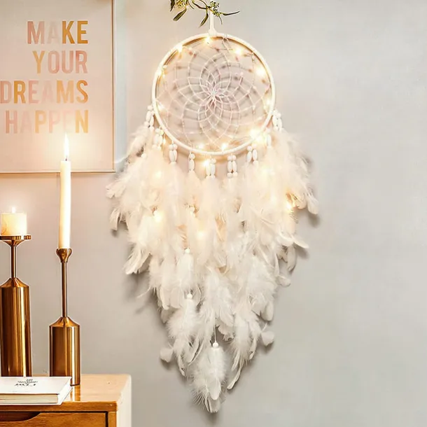 LED Dream Catcher White Feather Fairy Lights Creative Wall Hanging Holiday Bedroom Home Wedding Balcony Garden Decoration Wind Chimes Light Birthday Blessing Gift