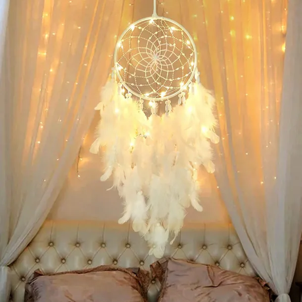 LED Dream Catcher White Feather Fairy Lights Creative Wall Hanging Holiday Bedroom Home Wedding Balcony Garden Decoration Wind Chimes Light Birthday Blessing Gift