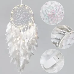 LED Dream Catcher White Feather Fairy Lights Creative Wall Hanging Holiday Bedroom Home Wedding Balcony Garden Decoration Wind Chimes Light Birthday Blessing Gift