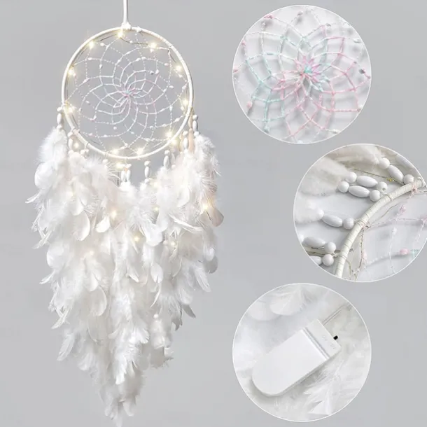 LED Dream Catcher White Feather Fairy Lights Creative Wall Hanging Holiday Bedroom Home Wedding Balcony Garden Decoration Wind Chimes Light Birthday Blessing Gift