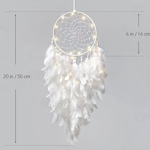 LED Dream Catcher White Feather Fairy Lights Creative Wall Hanging Holiday Bedroom Home Wedding Balcony Garden Decoration Wind Chimes Light Birthday Blessing Gift