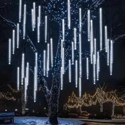 LED Falling Rain Lights 11.8 inch 8 Tubes 144 LED Rain Drop Lights Outdoor Icicle Snow Meteor Shower Lights for Christmas Wedding Party Holiday Garden Decoration