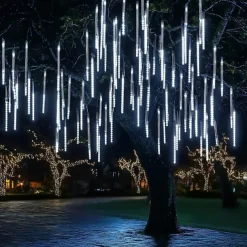 LED Falling Rain Lights 11.8 inch 8 Tubes 144 LED Rain Drop Lights Outdoor Icicle Snow Meteor Shower Lights for Christmas Wedding Party Holiday Garden Decoration