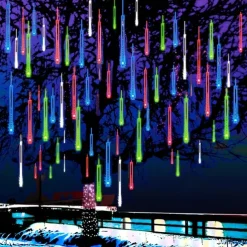 LED Falling Rain Lights 11.8 inch 8 Tubes 144 LED Rain Drop Lights Outdoor Icicle Snow Meteor Shower Lights for Christmas Wedding Party Holiday Garden Decoration