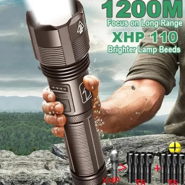LED Flashlight Aluminum Alloy XHP50.2 Tactical Hunting Torch Usb Rechargeable Zoomable Lantern 18650 AAA Battery