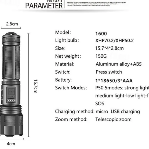 LED Flashlight Aluminum Alloy XHP50.2 Tactical Hunting Torch Usb Rechargeable Zoomable Lantern 18650 AAA Battery
