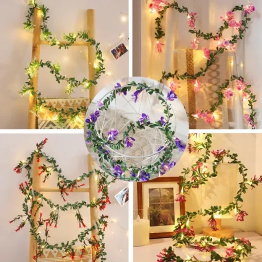 LED Flower Lights Green Ivy Leaves Fairy String Lights 2M 20LEDs Battery Operated Artificial Garland Plant Vine Fairy Light For Bedroom Wedding Party Holiday Patio
