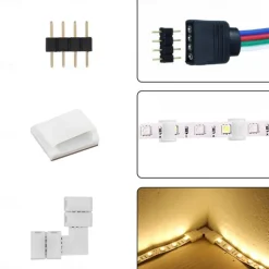 LED Light Strip Connectors 10mm Unwired 4 Pin RGB LED Lights Connectors kit 12 Gapless Connectors 6 L Shape Connectors for SMD 5050 Multicolor LED Strip 5V-24V