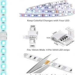 LED Light Strip Connectors 10mm Unwired 4 Pin RGB LED Lights Connectors kit 12 Gapless Connectors 6 L Shape Connectors for SMD 5050 Multicolor LED Strip 5V-24V