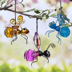 LED Luminous Simulation Insect Iron Ornaments Creative Painted Handicraft Pendants with Long Wings Ants Butterflies Home Courtyard Garden Decoration Pendants 1PC