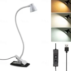 LED Metal Clip Table Lamp Reading Light with Three Color Schemes for Reading - USB Powered Night Lights, Bedroom Bedside Lights 1PC