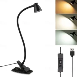 LED Metal Clip Table Lamp Reading Light with Three Color Schemes for Reading - USB Powered Night Lights, Bedroom Bedside Lights 1PC