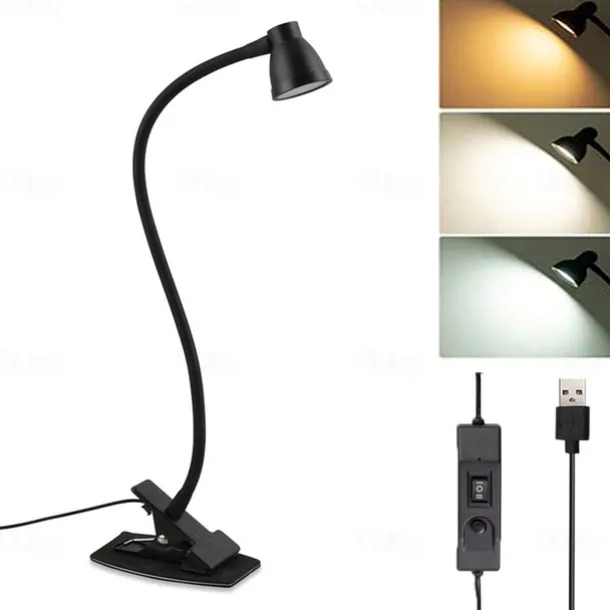 LED Metal Clip Table Lamp Reading Light with Three Color Schemes for Reading - USB Powered Night Lights, Bedroom Bedside Lights 1PC
