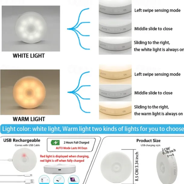 8LED Motion Sensor LED Night Light Smart Switch Sensor Light USB Rechargeable Battery Driven Bathroom Bedside Light For Room Hallway Access Bathroom Home Lighting