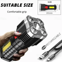 5led Multifunctional Bright Flashlight Outdoor Portable COB Side Light Work Light USB Rechargeable