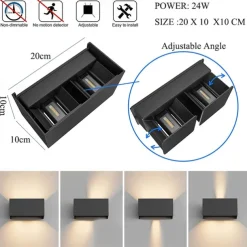 LED Outdoor Wall Lamp 12/24W with Motion Sensor IP65 Waterproof Light Control Suitable for Bathroom Garage Fence Deck Courtyard 110-240V