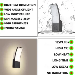 LED Outdoor Wall Light 12W Arc Modern Outdoor Wall Light Waterproof IP65 Steady on Outdoor Black Wall Light Suitable for Outdoor Porch Courtyard Garden Bathroom Bedroom 85-265V