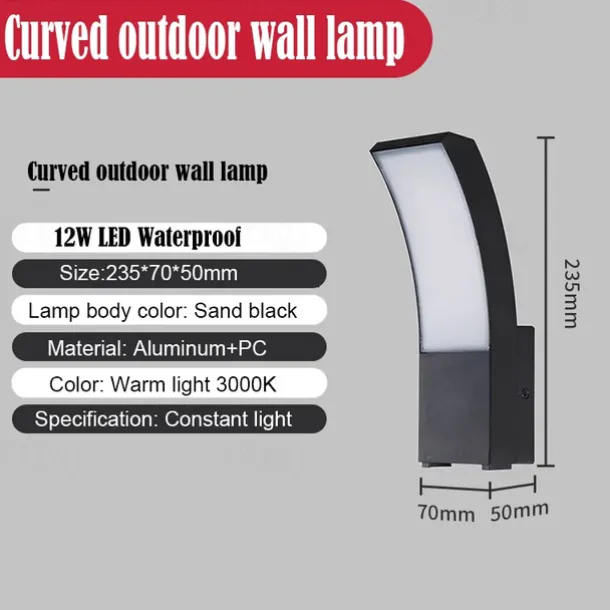 LED Outdoor Wall Light 12W Arc Modern Outdoor Wall Light Waterproof IP65 Steady on Outdoor Black Wall Light Suitable for Outdoor Porch Courtyard Garden Bathroom Bedroom 85-265V