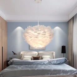 LED Pendant Light Ostrich Feather Bedroom Cord Adjustable 3000-6000K 40CM Feather Chandelier Romantic Decorative Hanging Ceiling Light Fixture for Girls Room Bedroom