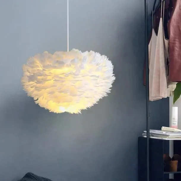 LED Pendant Light Ostrich Feather Bedroom Cord Adjustable 3000-6000K 40CM Feather Chandelier Romantic Decorative Hanging Ceiling Light Fixture for Girls Room Bedroom