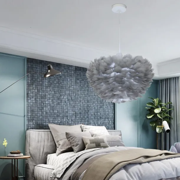 LED Pendant Light Ostrich Feather Bedroom Cord Adjustable 3000-6000K 40CM Feather Chandelier Romantic Decorative Hanging Ceiling Light Fixture for Girls Room Bedroom