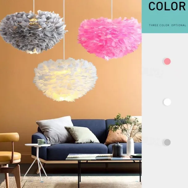 LED Pendant Light Ostrich Feather Bedroom Cord Adjustable 3000-6000K 40CM Feather Chandelier Romantic Decorative Hanging Ceiling Light Fixture for Girls Room Bedroom