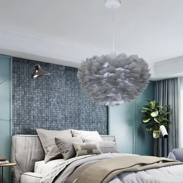 LED Pendant Light Ostrich Feather Bedroom Cord Adjustable 3000-6000K 50CM Feather Chandelier Romantic Decorative Hanging Ceiling Light Fixture for Girls Room Bedroom