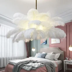 LED Pendant Light Chandelier Gorgeous Extra Large 80cm 1-Light White Ostrich Feather Bouquet Pendant Light Romantic Mounted Lighting Fixture for Restaurant Bedroom
