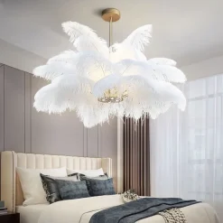 LED Pendant Light Chandelier Gorgeous Extra Large 80cm 1-Light White Ostrich Feather Bouquet Pendant Light Romantic Mounted Lighting Fixture for Restaurant Bedroom