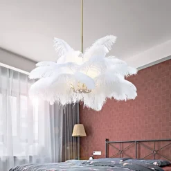 LED Pendant Light Chandelier Gorgeous Extra Large 80cm 1-Light White Ostrich Feather Bouquet Pendant Light Romantic Mounted Lighting Fixture for Restaurant Bedroom