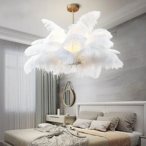 LED Pendant Light Chandelier Gorgeous Extra Large 80cm 1-Light White Ostrich Feather Bouquet Pendant Light Romantic Mounted Lighting Fixture for Restaurant Bedroom