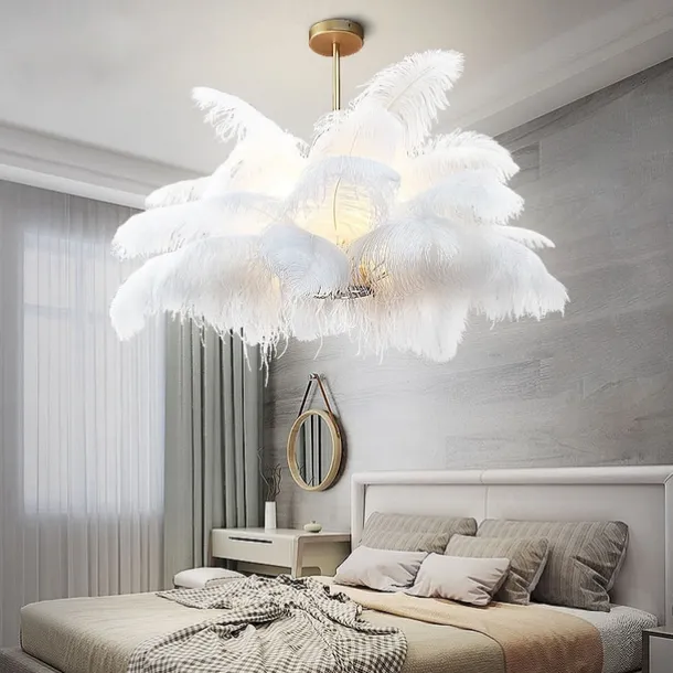 LED Pendant Light Chandelier Gorgeous Extra Large 80cm 1-Light White Ostrich Feather Bouquet Pendant Light Romantic Mounted Lighting Fixture for Restaurant Bedroom