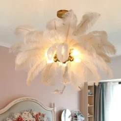 LED Pendant Light Chandelier Gorgeous Extra Large 70cm 6-Light White Ostrich Feather Bouquet Pendant Light Romantic Mounted Lighting Fixture for Restaurant Bedroom