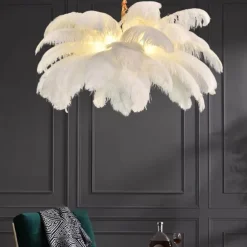 LED Pendant Light Chandelier Gorgeous Extra Large White Ostrich Feather Bouquet Pendant Light Romantic Mounted Lighting Fixture for Restaurant Bedroom