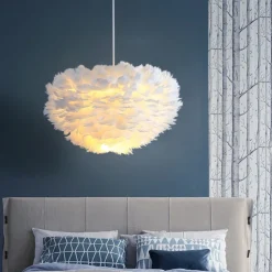 LED Pendant Light Chandelier White Ostrich Feather Bouquet Pendant Light Romantic Mounted Lighting Fixture for Restaurant Bedroom Chain Adjustable 110-240V