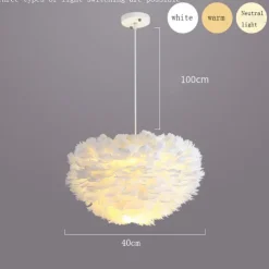 LED Pendant Light Chandelier White Ostrich Feather Bouquet Pendant Light Romantic Mounted Lighting Fixture for Restaurant Bedroom Chain Adjustable 110-240V