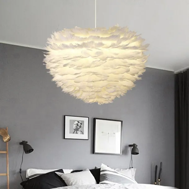 LED Pendant Light Chandelier White Ostrich Feather Bouquet Pendant Light Romantic Mounted Lighting Fixture for Restaurant Bedroom Chain Adjustable 110-240V