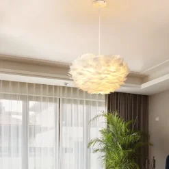 LED Pendant Light Chandelier White Ostrich Feather Bouquet Pendant Light Romantic Mounted Lighting Fixture for Restaurant Bedroom Chain Adjustable 110-240V