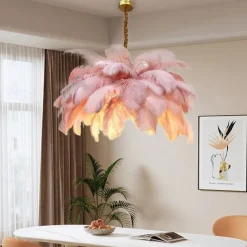 LED Pendant Light Chandelier Gorgeous Extra Large White Ostrich Feather Bouquet Pendant Light Romantic Mounted Lighting Fixture for Restaurant Bedroom