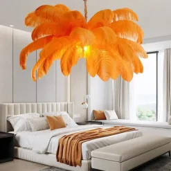 LED Pendant Light Chandelier Gorgeous Extra Large White Ostrich Feather Bouquet Pendant Light Romantic Mounted Lighting Fixture for Restaurant Bedroom